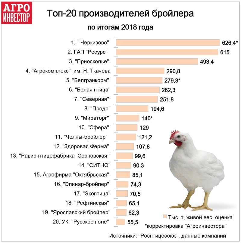 Крупнейшие птицефабрики России выпустили 4,1 млн тонн бройлера
